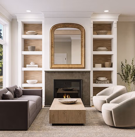 Living room with fireplace and arched mirror