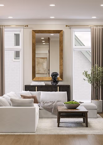 Neutral family room with window seating in a Bellevue residence