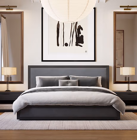 Neutral primary bedroom with mirrored wall art in a Bellevue residence