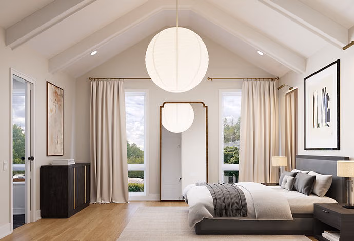 Vaulted bedroom with globe light fixtures