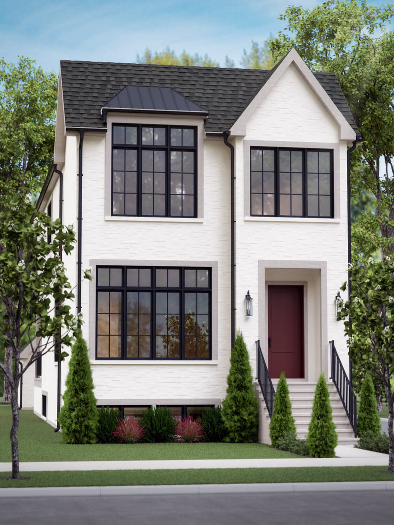 Lakeview gray brick luxury home exterior rendering under construction