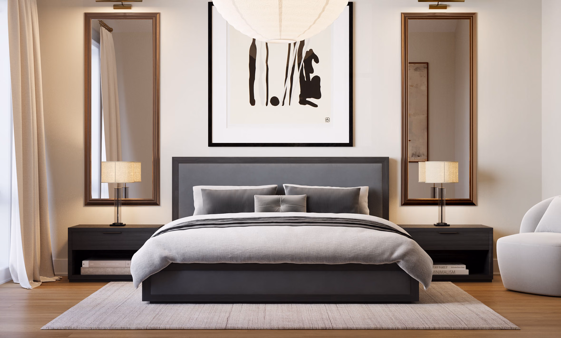 Primary bedroom with mirrored wall panels in a Bellevue Homes residence