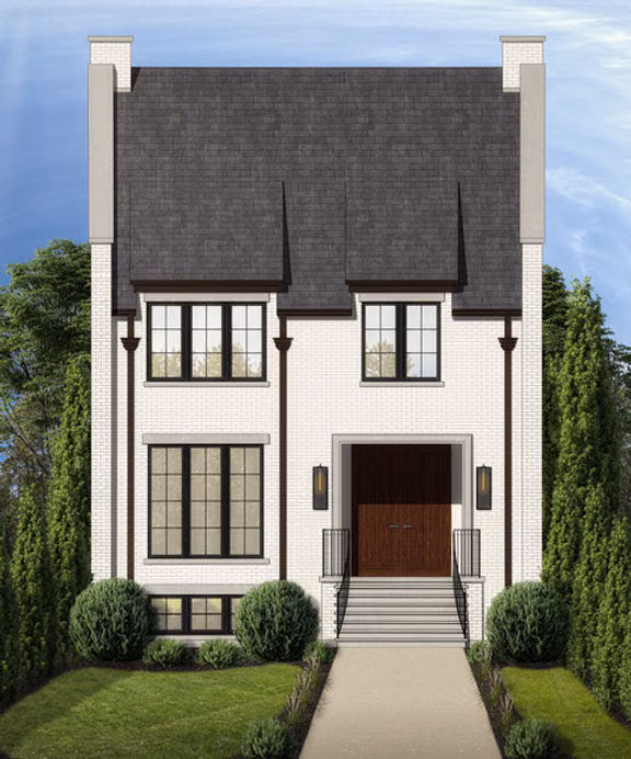 Urban home exterior rendering with dark roof and front steps