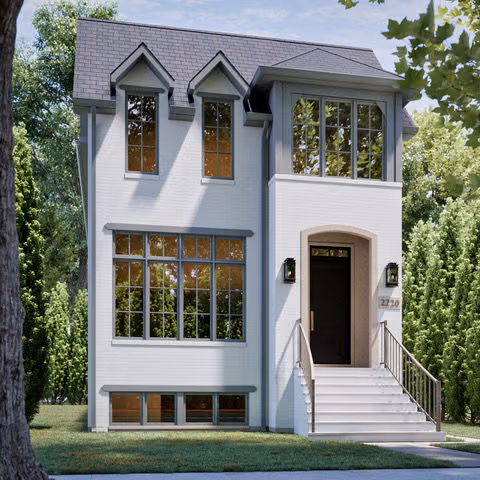 Completed Lakeview modern home exterior with tall windows